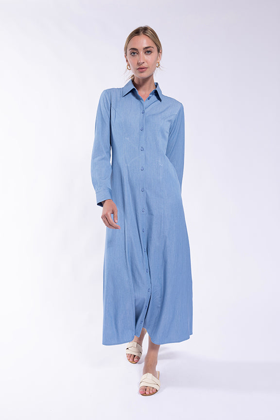 LATITUDE CHAMBRAY SHIRT DRESS W/ BACK LACING DETAIL