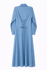 LATITUDE CHAMBRAY SHIRT DRESS W/ BACK LACING DETAIL