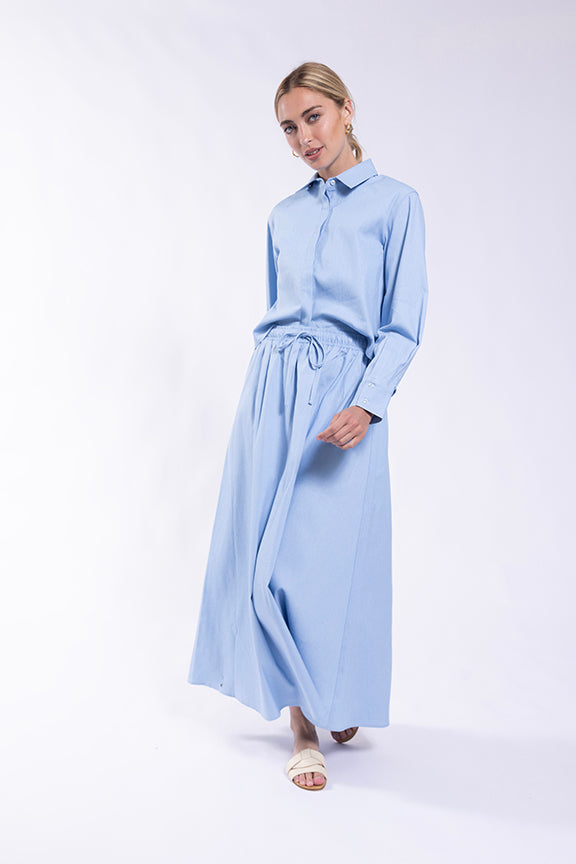LATITUDE CHAMBRAY MAXI SKIRT w/ ELASTIC DRAWSTRING