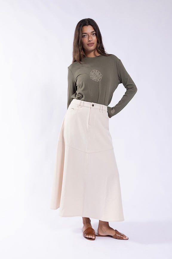LATITUDE MIDI SKIRT w/ V-SHAPED YOKE