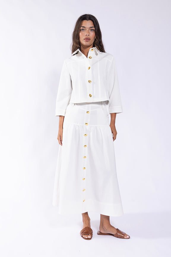 LATITUDE YOKE MIDI SKIRT WITH METAL BUTTONS