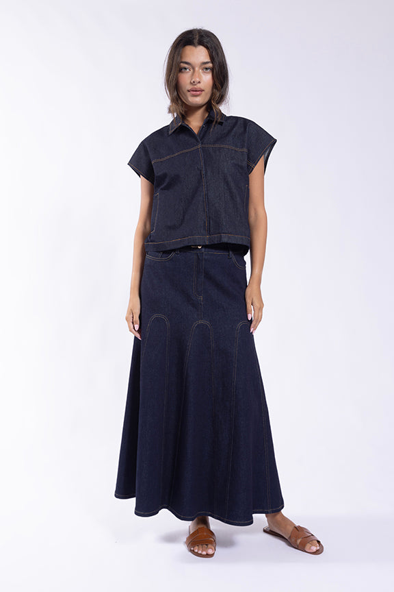 LATITUDE ARCHED PANELED DENIM SKIRT