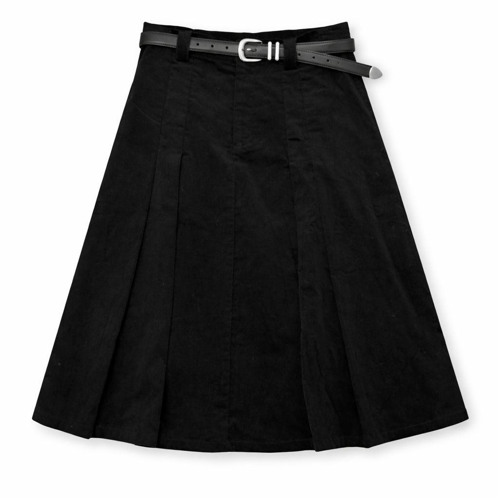 LATITUDE CORDUROY BELTED KNEE LENGTH SKIRT