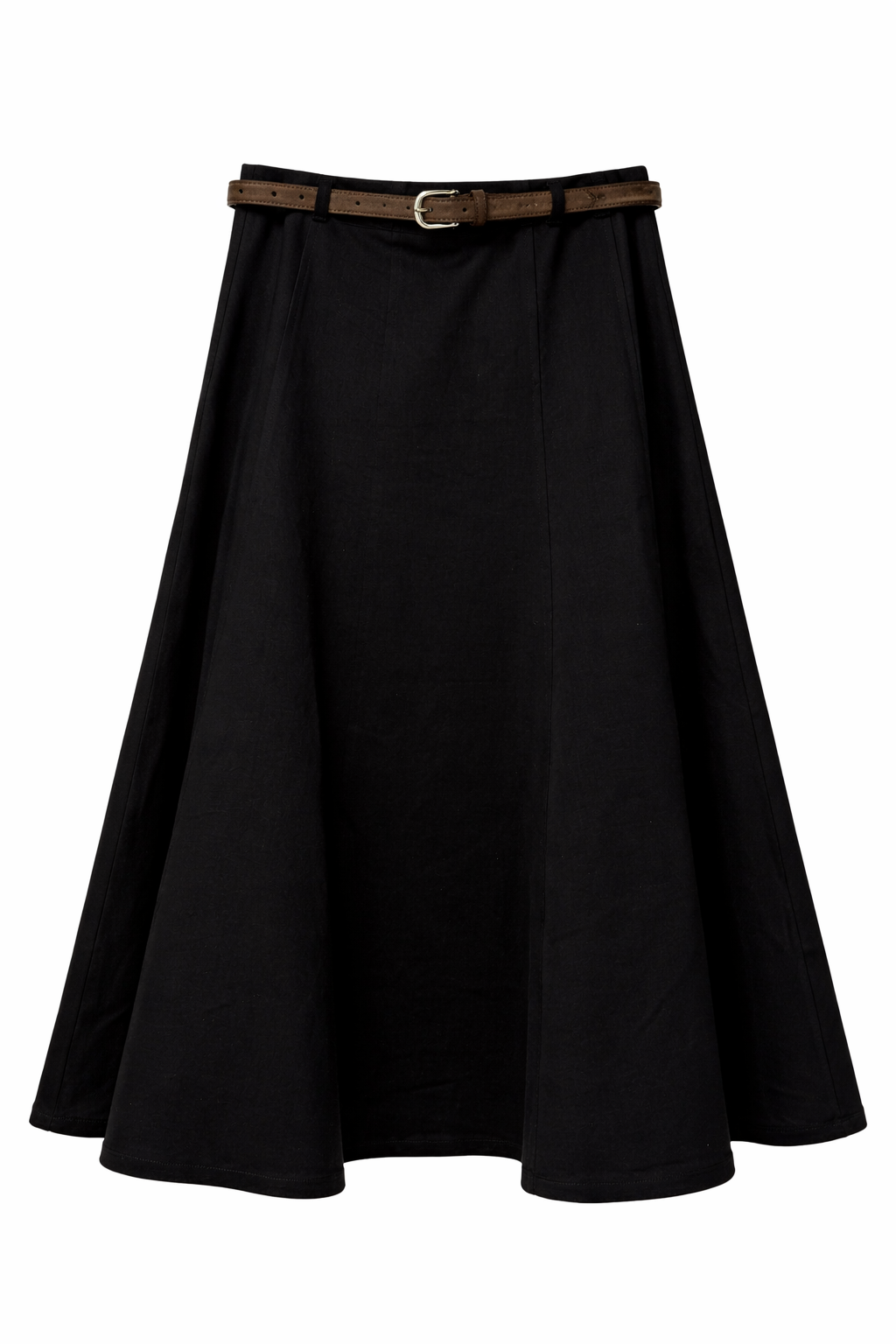 LATITUDE BELTED PANELED DENIM MIDI SKIRT