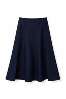 LATITUDE BELTED PANELED DENIM MIDI SKIRT
