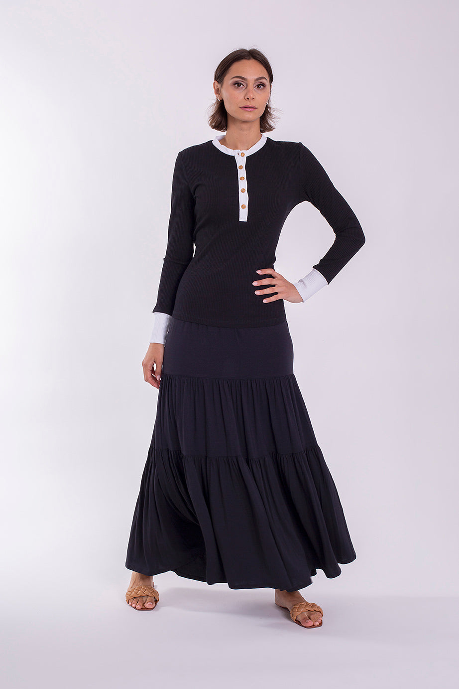 MONN COLORBLOCK MOCK SLIT BUTTON MAXI SKIRT