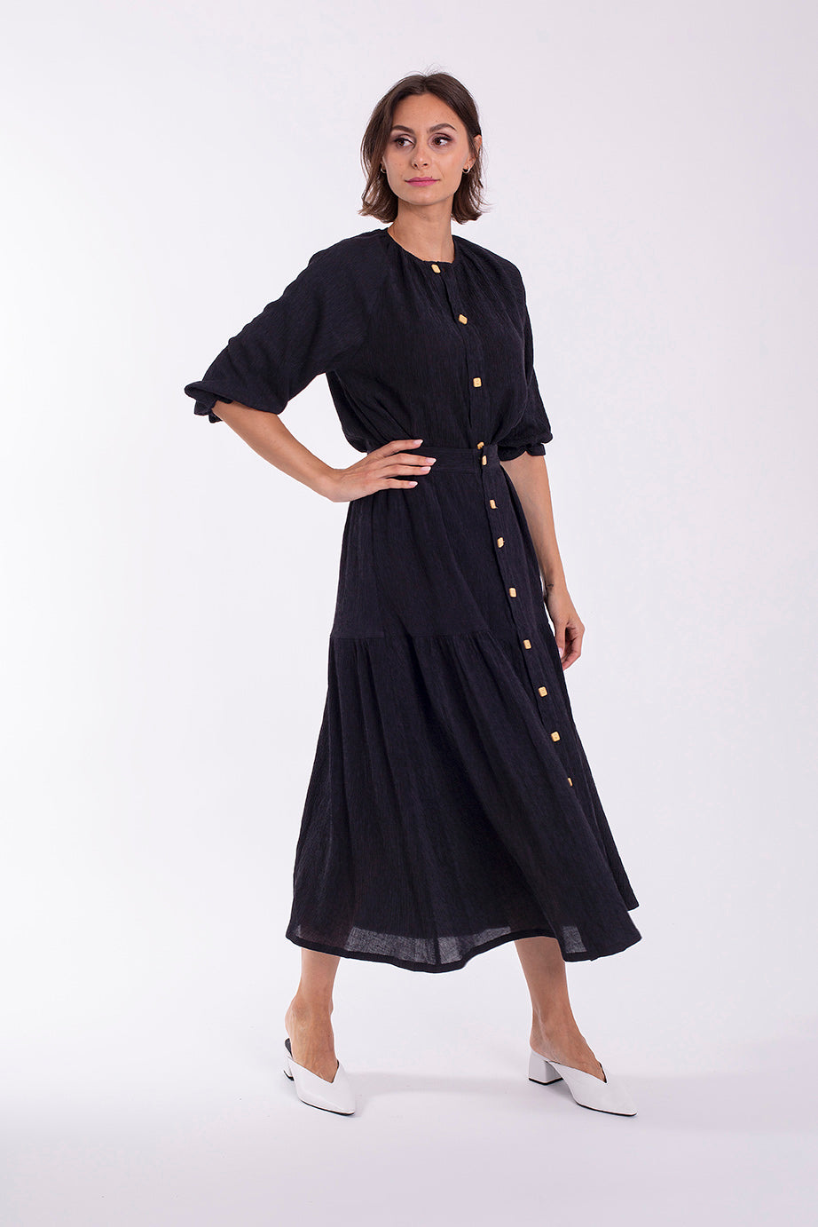 MONN GAUZE TEXTURED BUTTON MIDI SKIRT