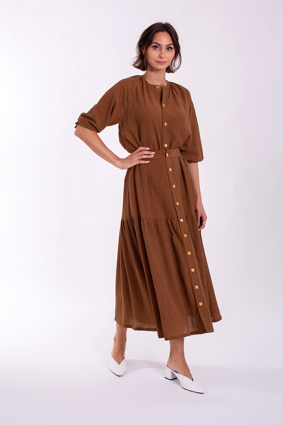 MONN GAUZE TEXTURED BUTTON MIDI SKIRT