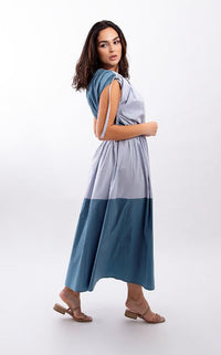 MAPLE & CLIFF COLORBLOCK SHOULDER DETAILED MIDI DRESS