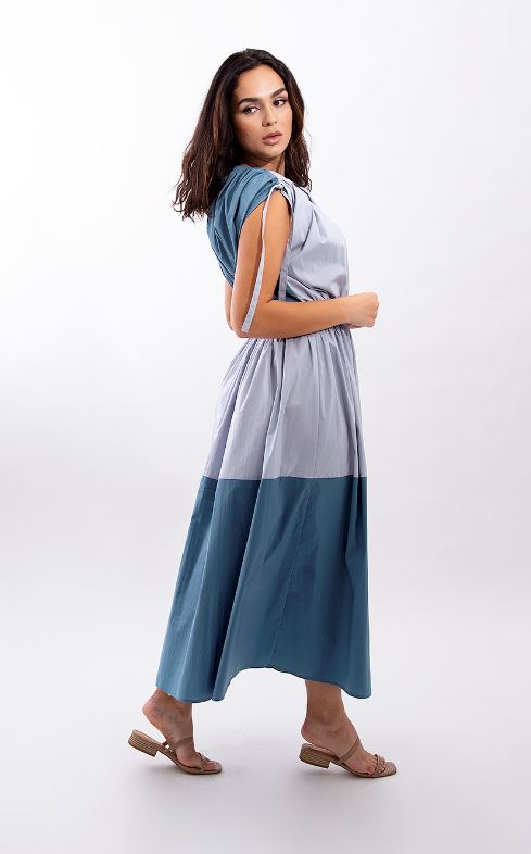MAPLE & CLIFF COLORBLOCK SHOULDER DETAILED MIDI DRESS