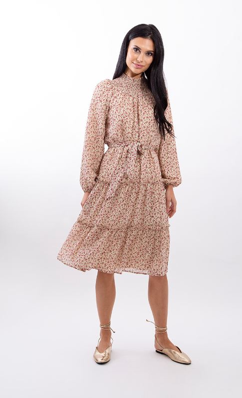 MAPLE & CLIFF RUFFLE TIERED FLORAL SMOCK NECK DRESS