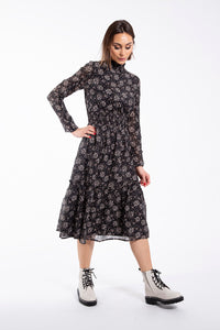 MAPLE & CLIFF SMOCKED WAISTED RUFFLE DETAIL DRESS