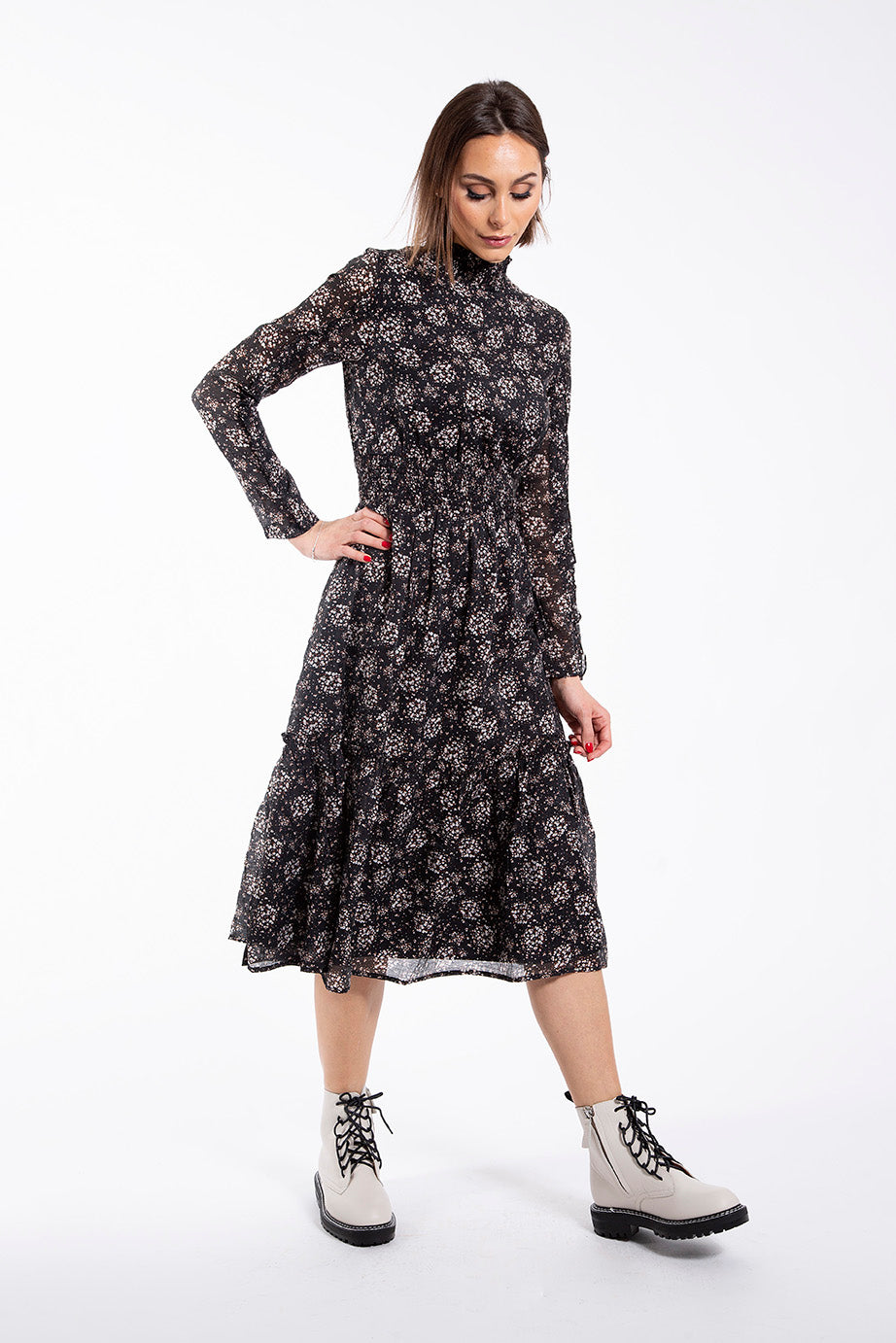 MAPLE & CLIFF SMOCKED WAISTED RUFFLE DETAIL DRESS