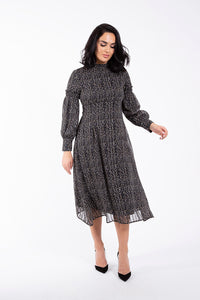 MAPLE & CLIFF FIT N FLARE MICRO LEAF PRINT DRESS