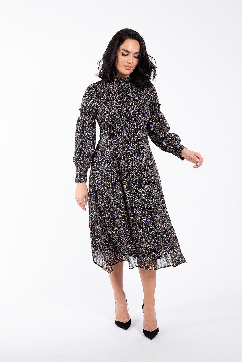 MAPLE & CLIFF FIT N FLARE MICRO LEAF PRINT DRESS