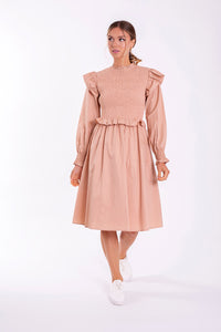 MAPLE & CLIFF SOLID SMOCKED DRESS W RUFFLE SHOULDER