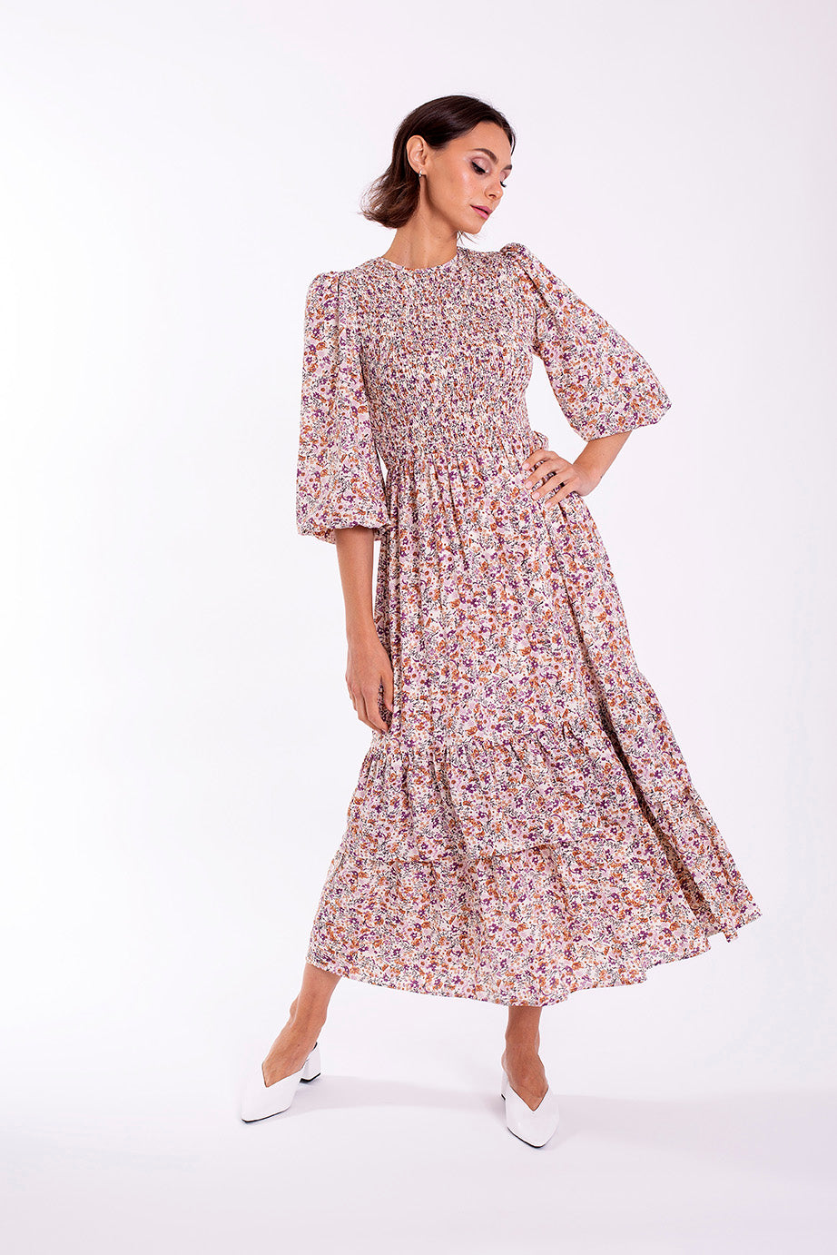 MAPLE & CLIFF SMOCKED FLORAL DRESS