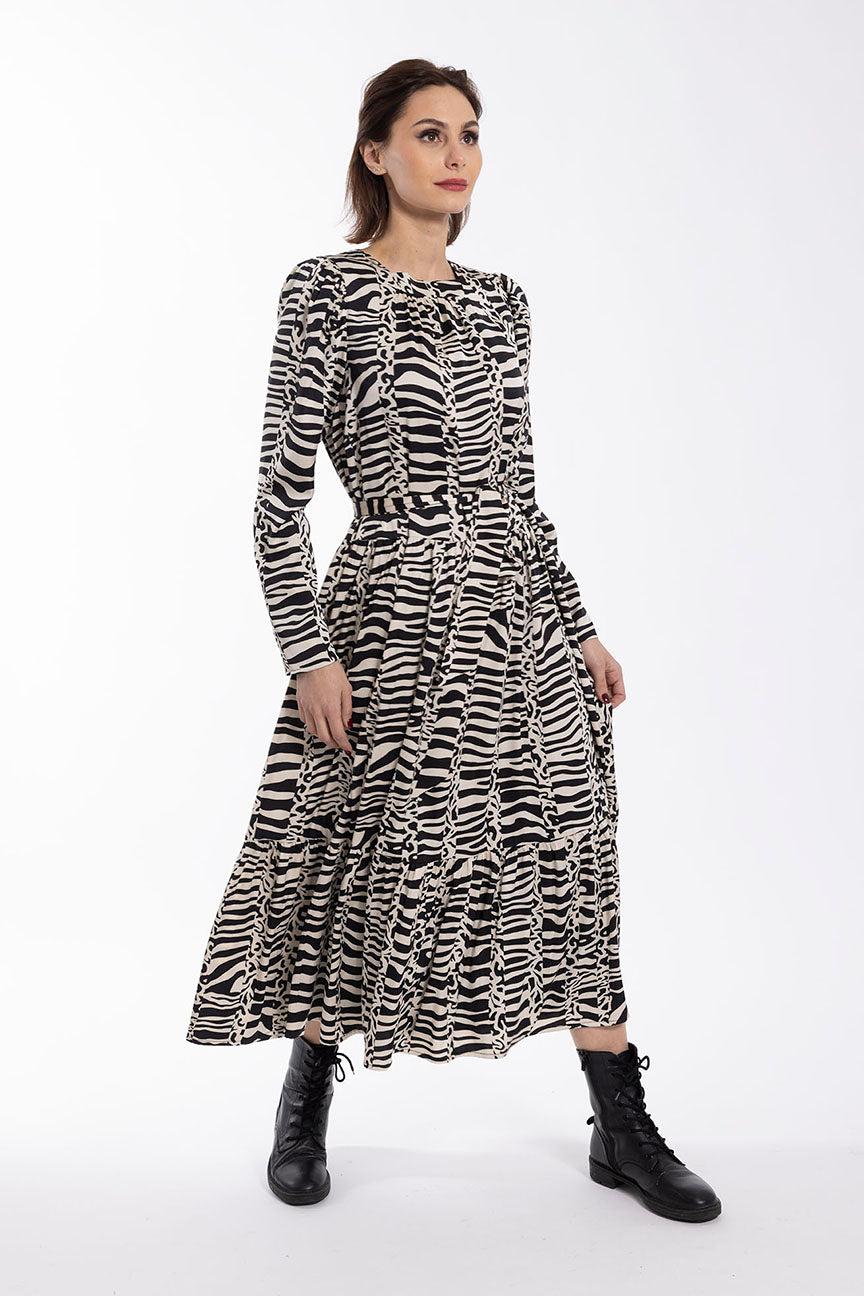 MAPLE & CLIFF ZEBRA SILK MIDI DRESS