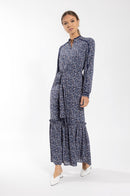 MAPLE & CLIFF FLORAL DROP RUFFLE MAXI DRESS