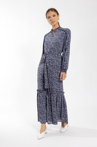 MAPLE & CLIFF FLORAL DROP RUFFLE MAXI DRESS