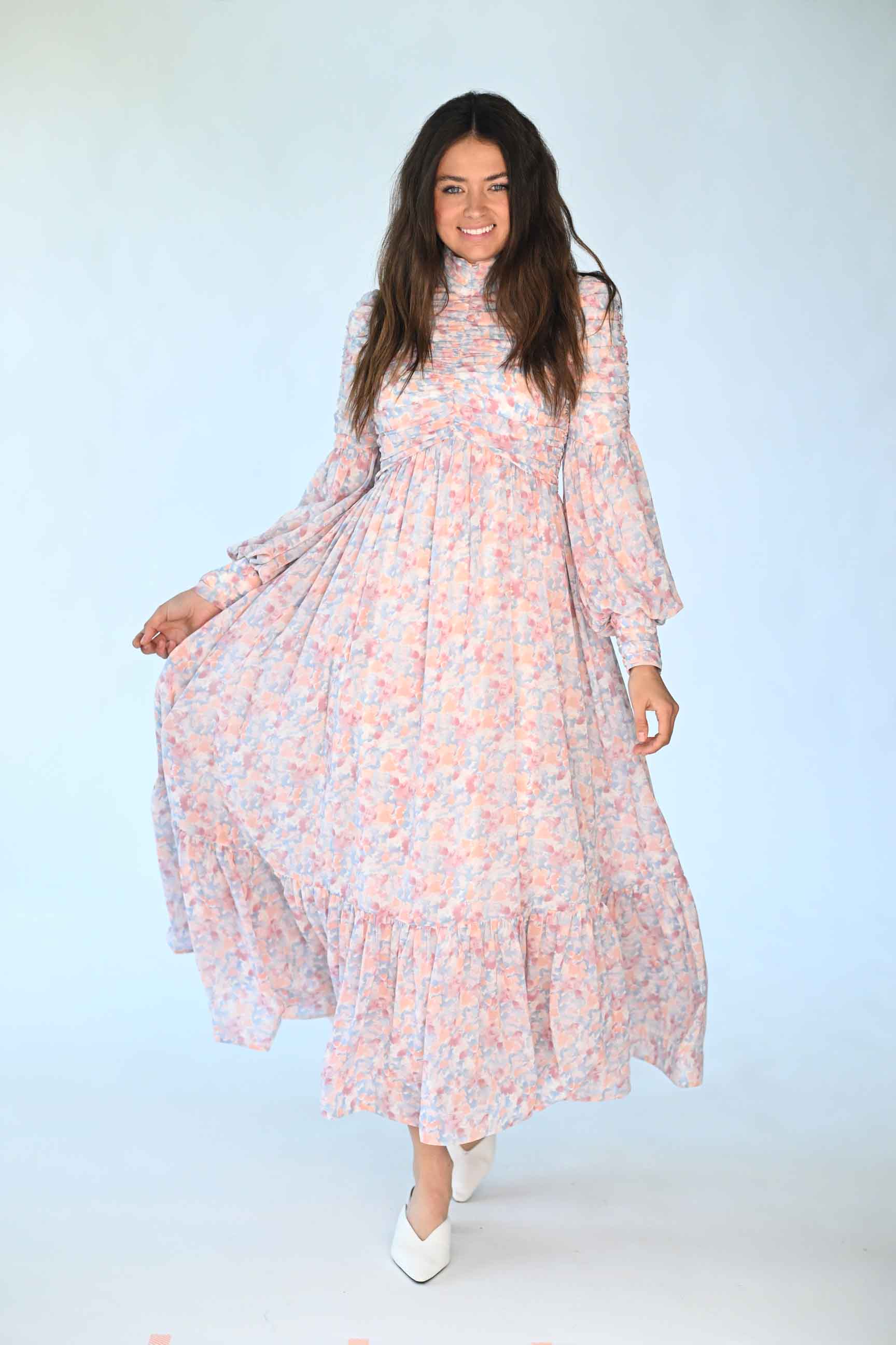 MAPLE & CLIFF  CHIFFON WATERCOLOR DRAPE DRESS