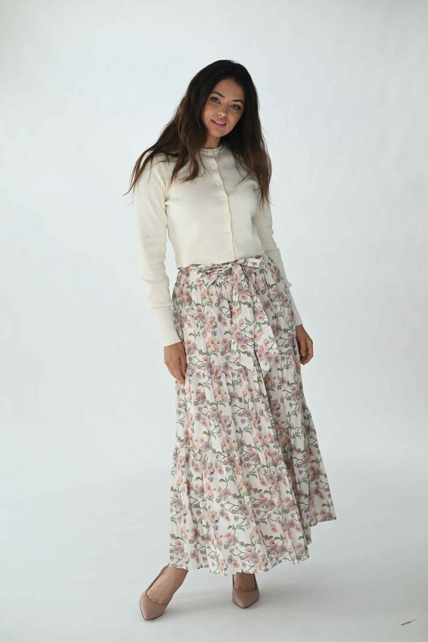 MAPLE & CLIFF  BELTED FLORAL TIERED SKIRT
