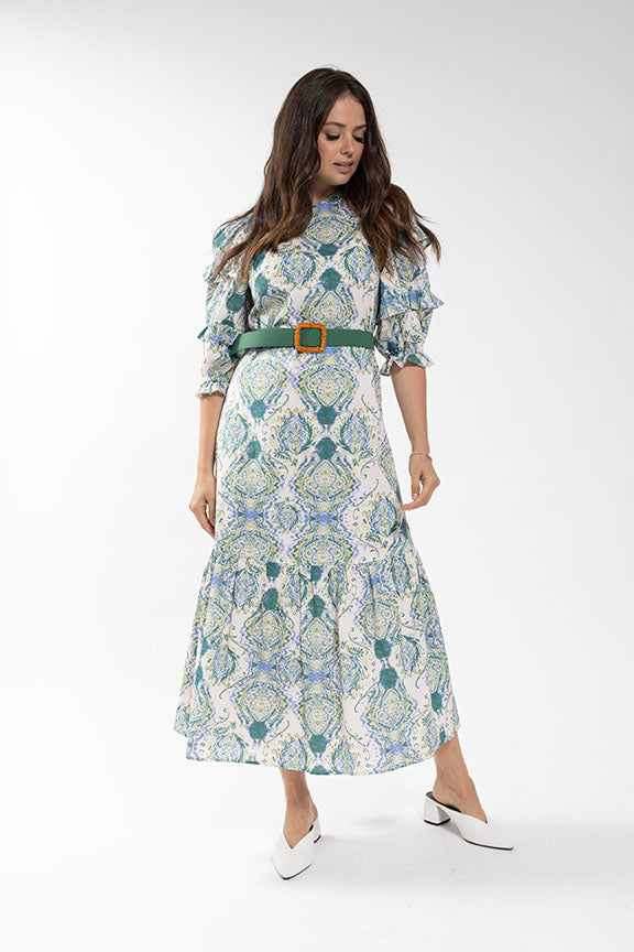 MAPLE & CLIFF Brushed Medallion Drop Ruffle Dress