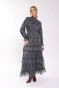 Maple & Cliff Ruffle Bottom Printed Chiffon Dress