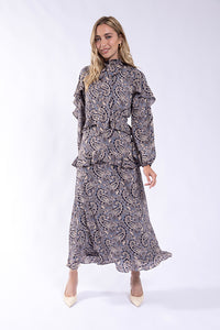 MAPLE & CLIFF PAISLEY RUFFLE MIDI DRESS
