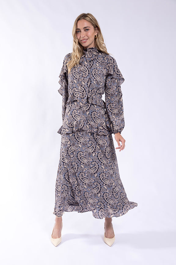 MAPLE & CLIFF PAISLEY RUFFLE MIDI DRESS