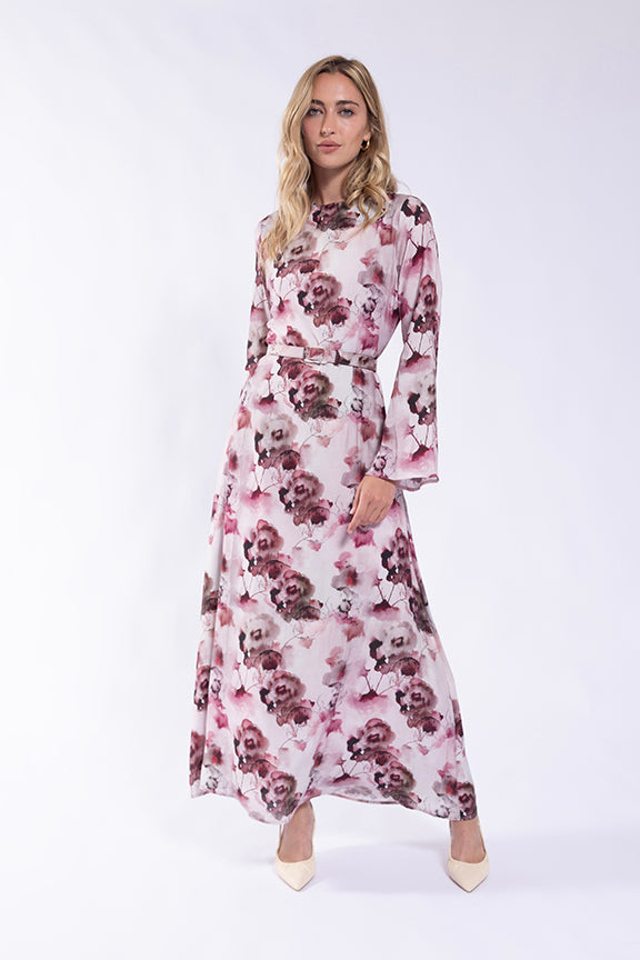 MAPLE & CLIFF FLARED SLEEVE BELTED FLORAL DRESS