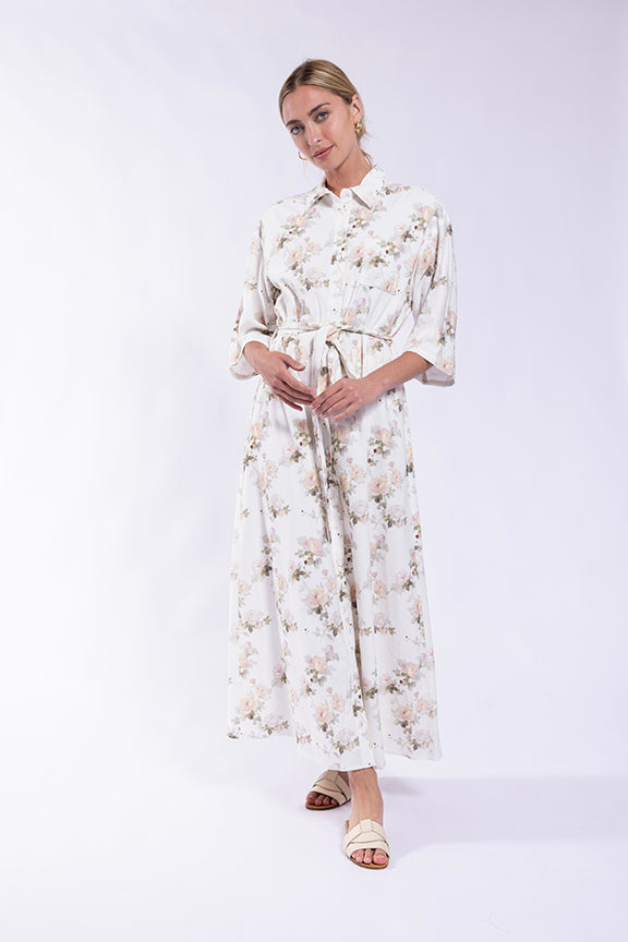 MAPLE & CLIFF ROSE PRINTED LINEN SHIRTDRESS