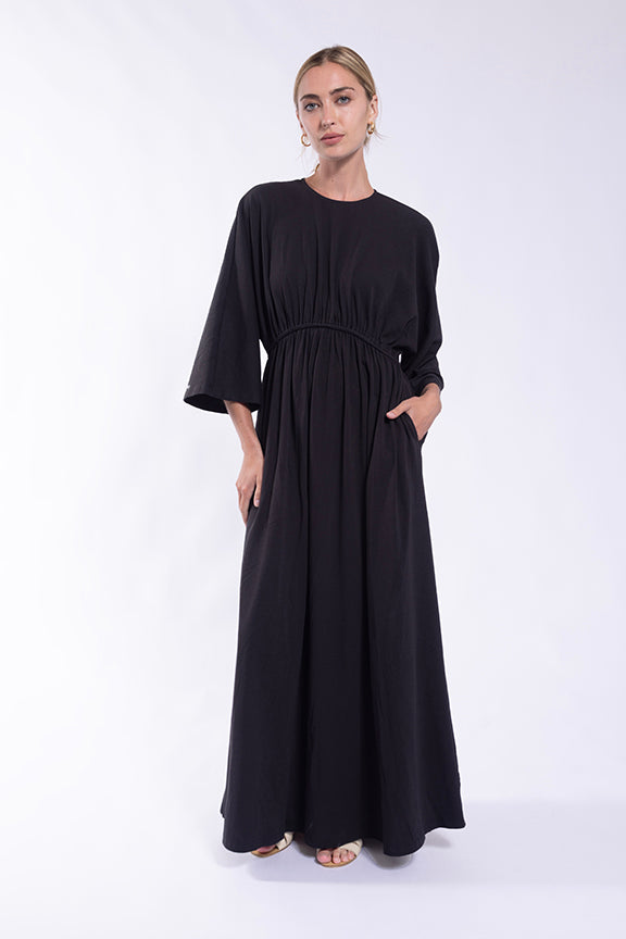MAPLE & CLIFF DOLMAN GATHERED WAIST JERSEY DRESS