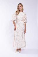 MAPLE & CLIFF FLORAL PUFF SLEEVE MIDI DRESS W/ BELT