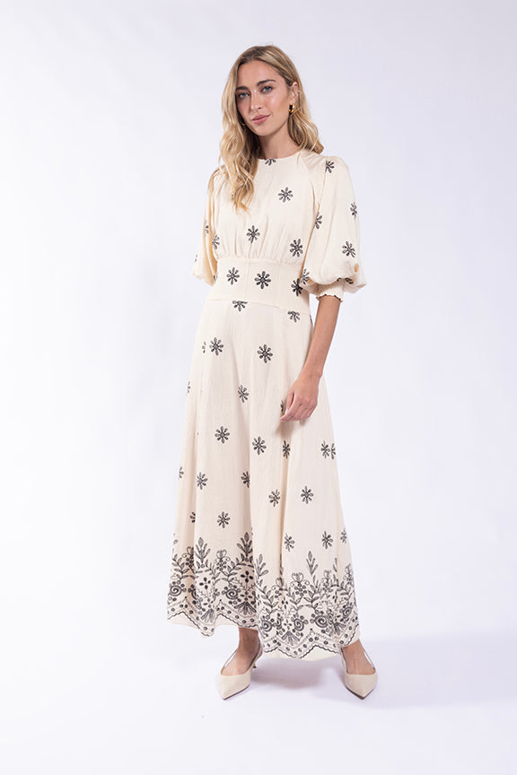 MAPLE & CLIFF EMBROIDERED FLORAL WAISTED DRESS