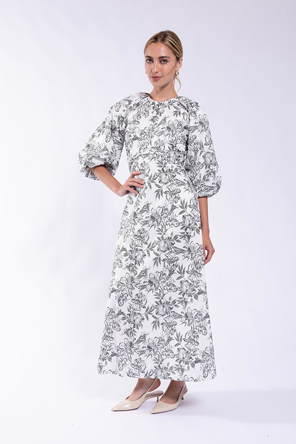 MAPLE & CLIFF PRAIDED EMPIRE PUFF SLEEVE DRESS