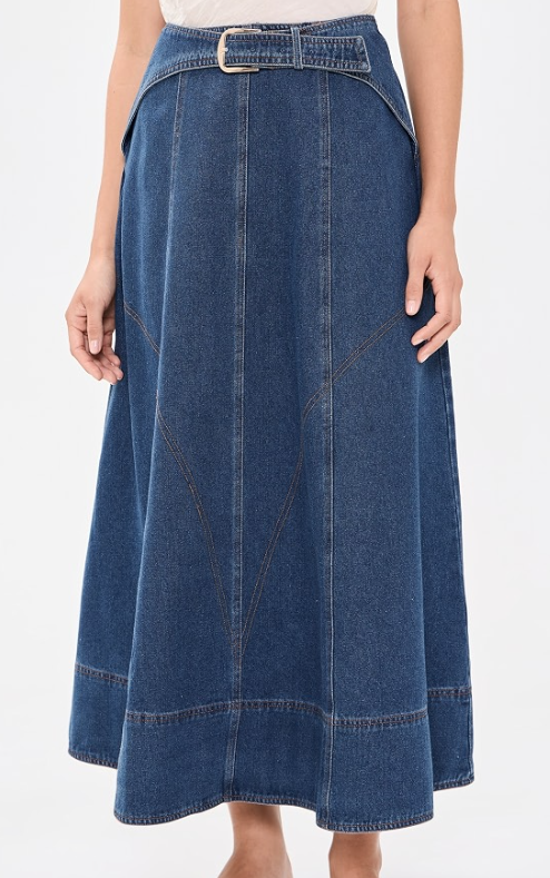 MOON RIVER BELT BUCKLE DETAIL DENIM MIDI SKIRT
