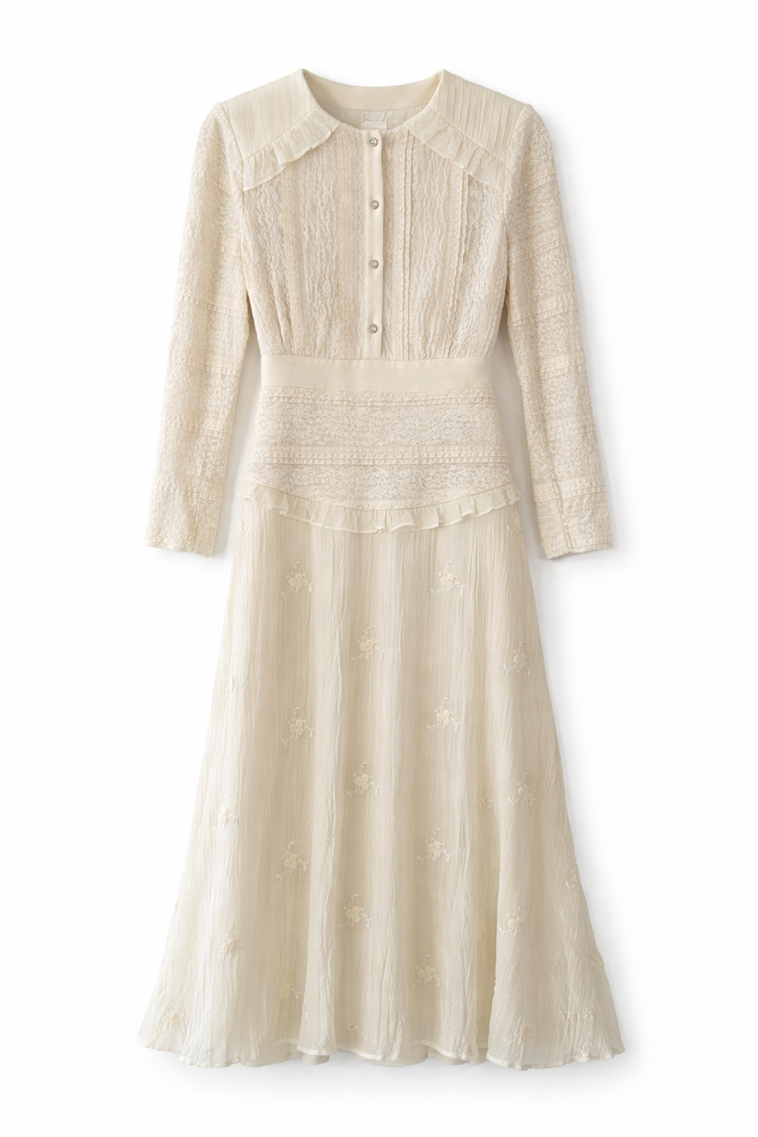 QUI PRIVE LACE RUFFLE SHOULDER DRESS