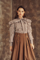 BARELLI CHECKERED PUFF SLEEVE BUTTON DOWN TOP W NECK TIE