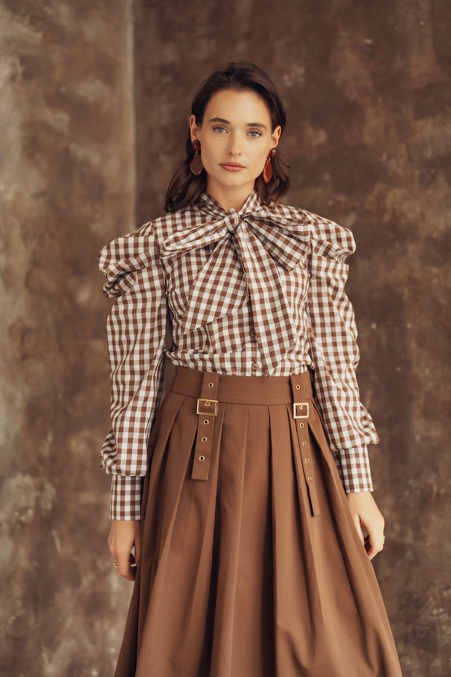 BARELLI CHECKERED PUFF SLEEVE BUTTON DOWN TOP W NECK TIE