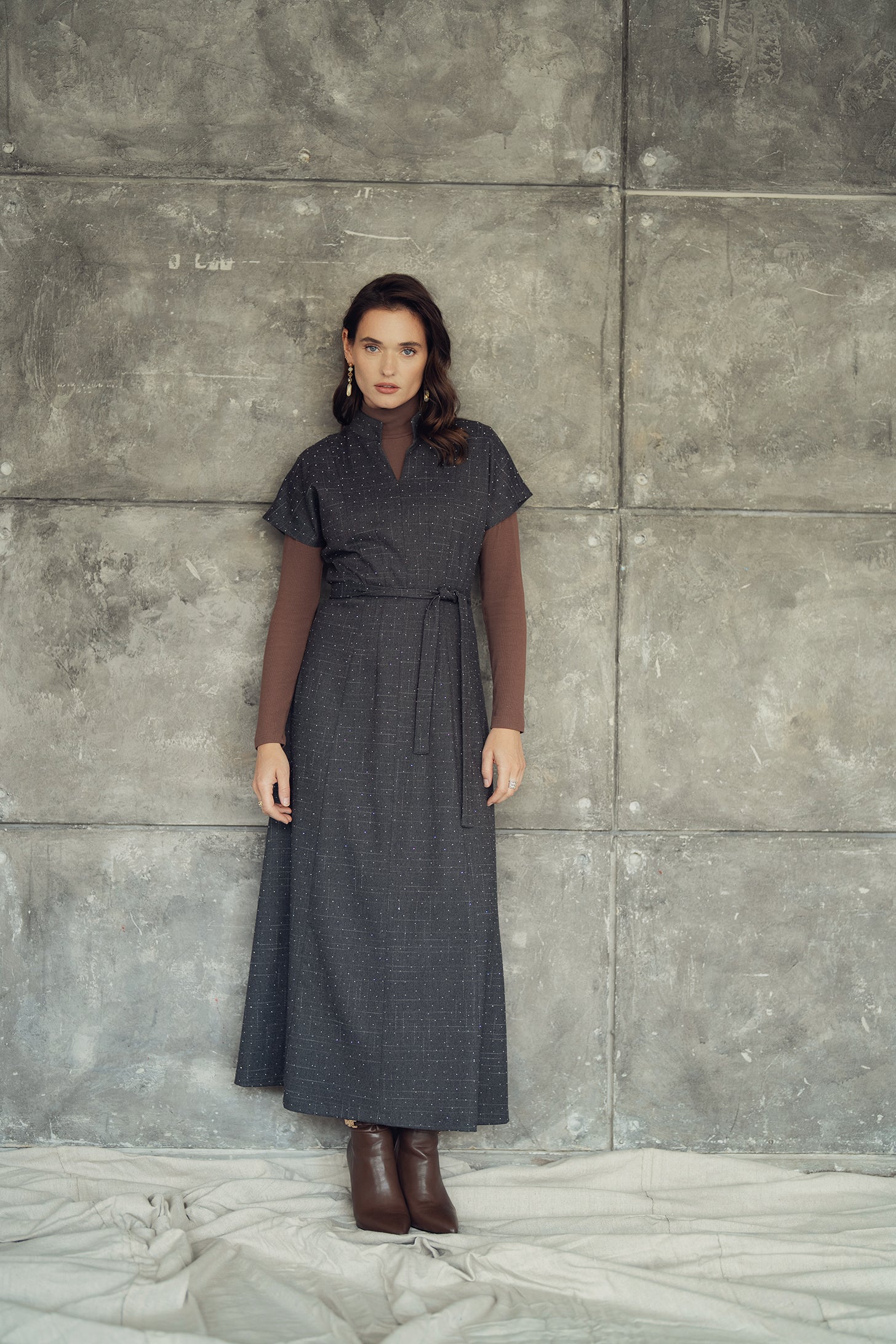 CELINA`S V-NECK STUDDED DRESS