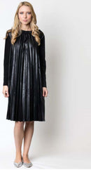 HARPER PLEATED LEATHER SWING DRESS W/ JERSEY SLEEVES