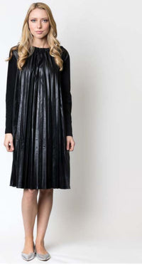 HARPER PLEATED LEATHER SWING DRESS W/ JERSEY SLEEVES