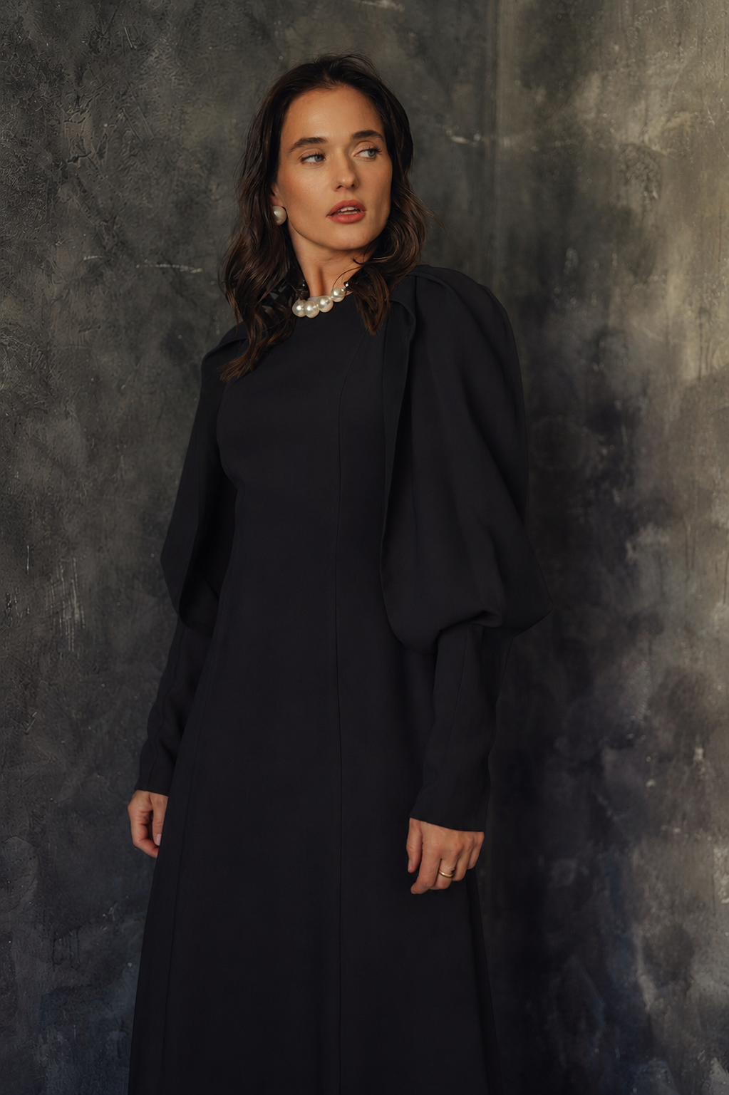 CARLUCCI PLEATED SHOULDER DRESS