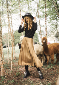 PROFILE VELVET WAISTBAND PLEATED MIDI SKIRT