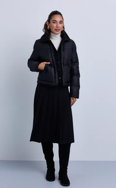 NOIR PUFFER JACKET W FOLD OVER RIBBED KNIT COLLAR AND FRONT PANEL