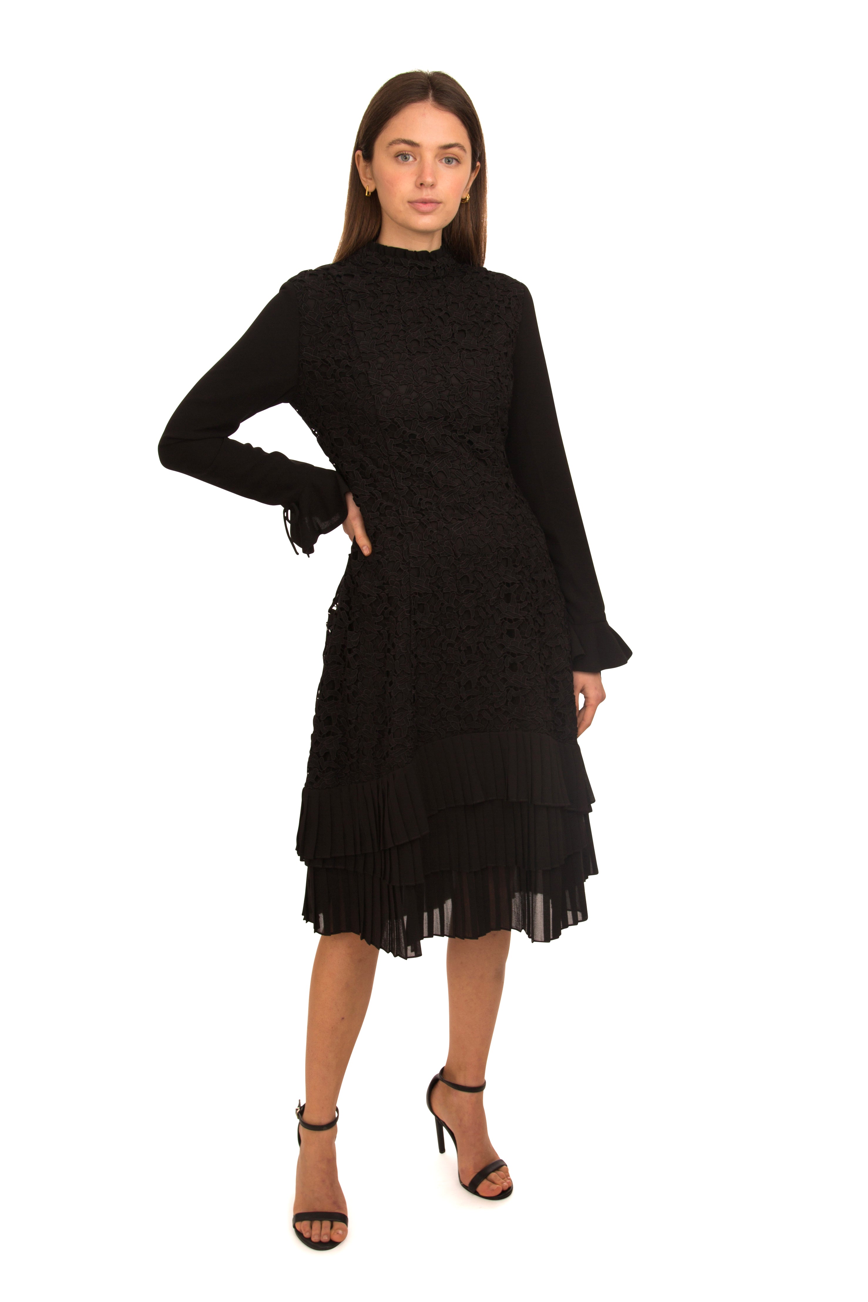 SARA NAVON LACE MINI PLEAT DROP RUFFLE DRESS