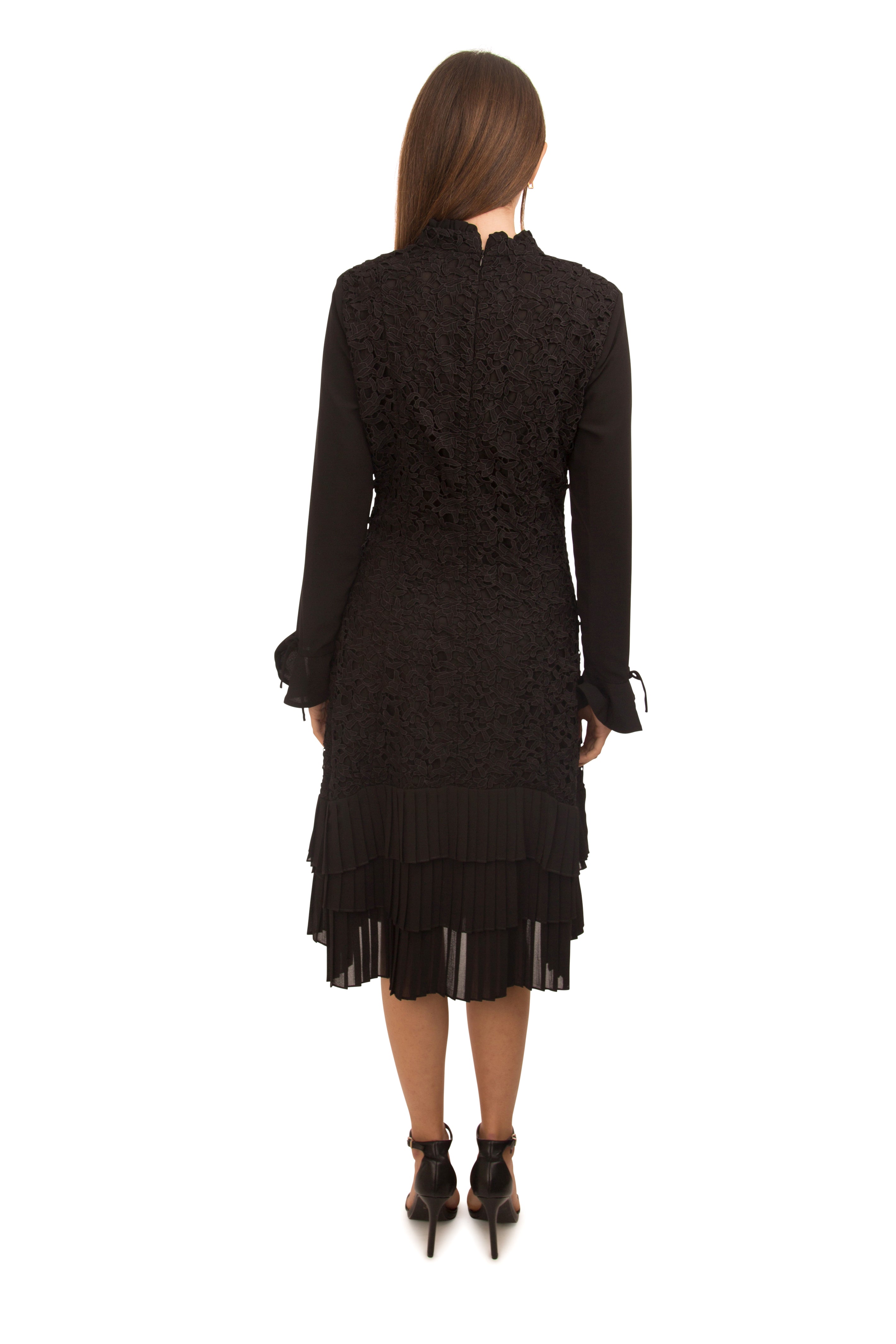 SARA NAVON LACE MINI PLEAT DROP RUFFLE DRESS