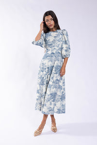 SOIE 3/4 SLEEVE PRINTED EMPIRE-WAIST DRESS