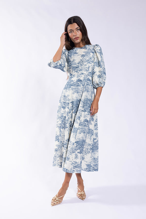 SOIE 3/4 SLEEVE PRINTED EMPIRE-WAIST DRESS